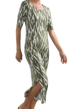 Chicos Shift Midi Dress Sage Ikat Slinky Jersey Knit M